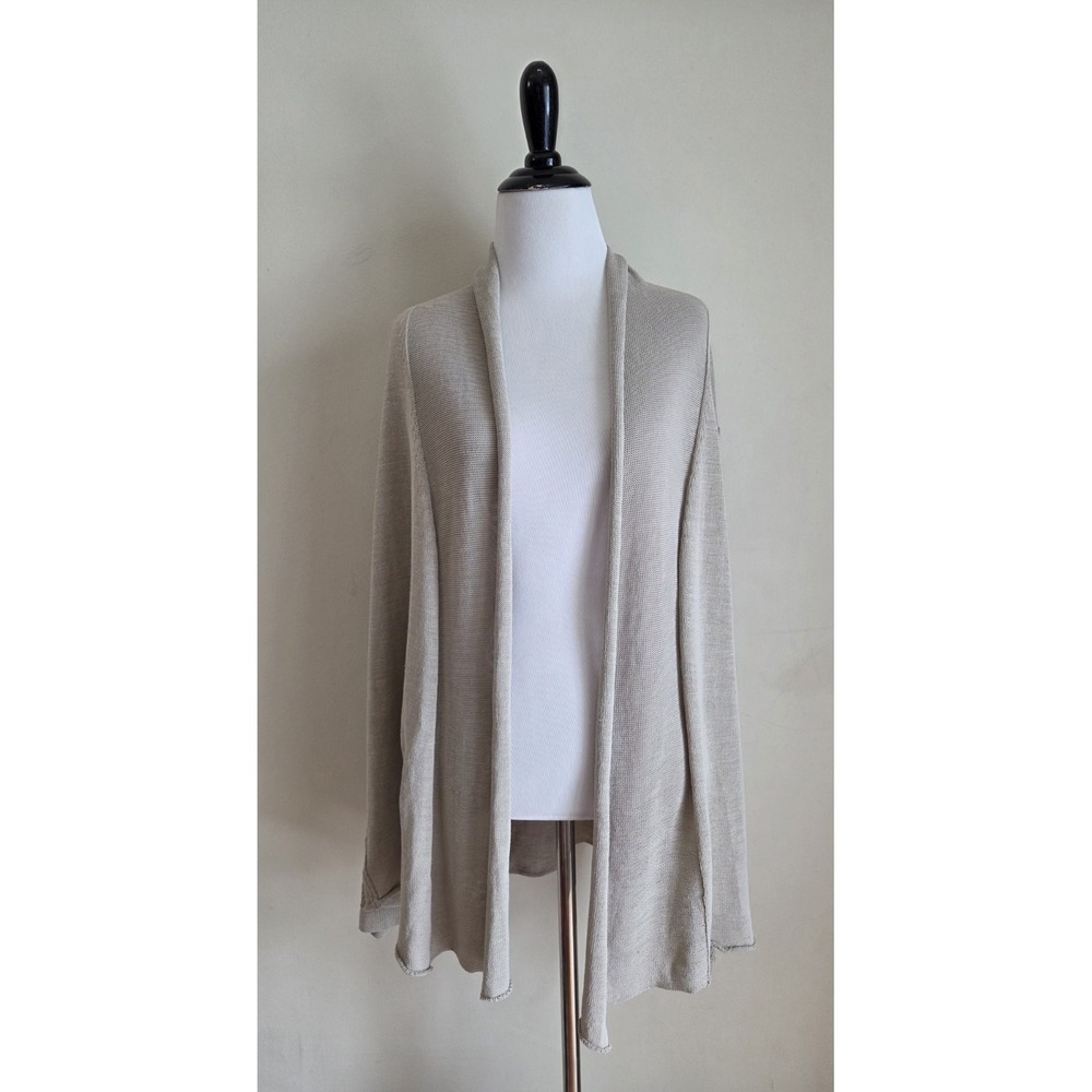 Lafayette 148 Linen Oatmeal Beige‎ Open Cardigan Sweater XL Crochet Detail